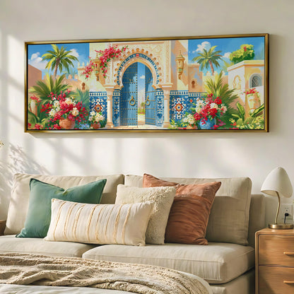 a large, colorful painting of an ornate, blue and gold gate with a tropical garden scene above it, hanging on a wall above a beige sofa with decorative pillows.