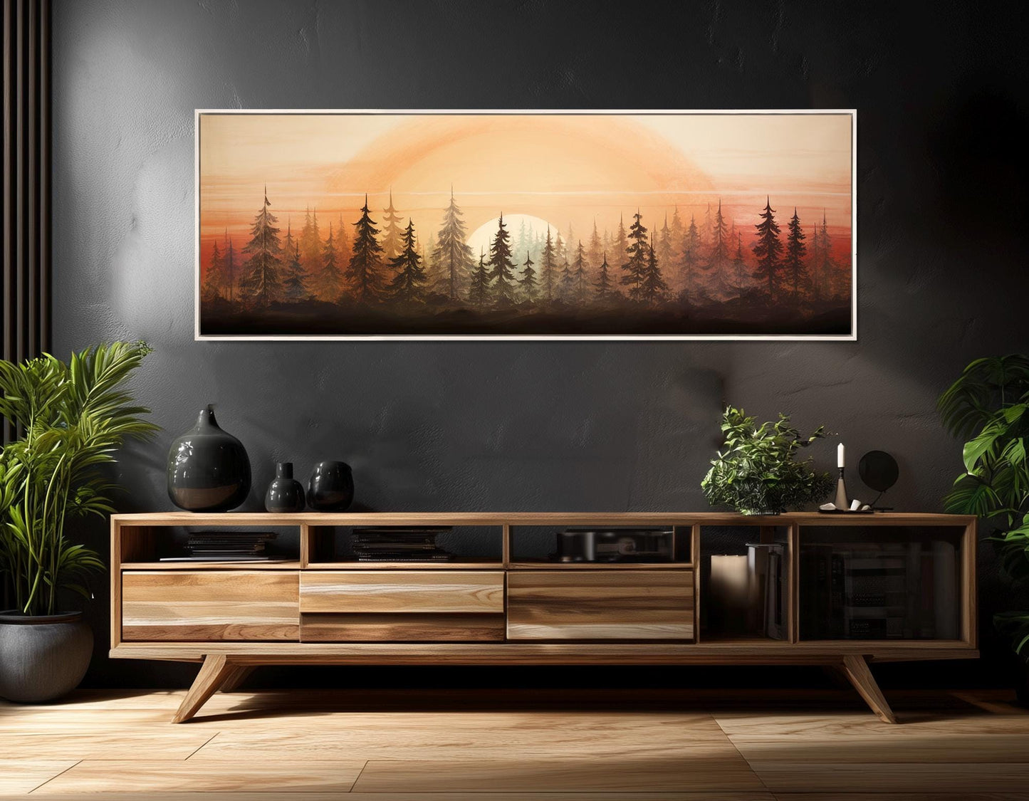 Sunset Pine Trees Canvas - Vintage Landscape Art | Framed & Ready to Hang