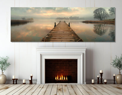 Old Fishing Bridge Canvas - Large Scenic Lake Wall Art with Foggy Lake Painting