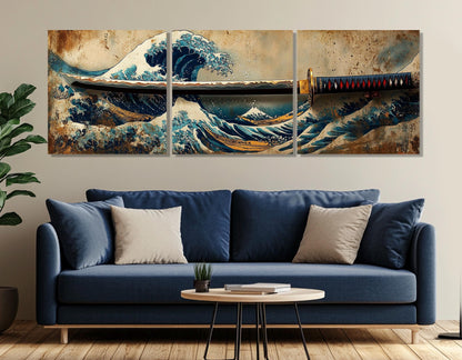 Japanese Wall Art – Samurai Sword Canvas with Great Wave Print | Framed Canvas Art Ready to Hang