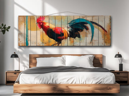 Rustic Rooster Print on Natural Wood, Rooster Painting, Chicken Farm Decor, Farmhouse Wall Decor, Wood Wall Art, Cozy Cabin Wall Decor