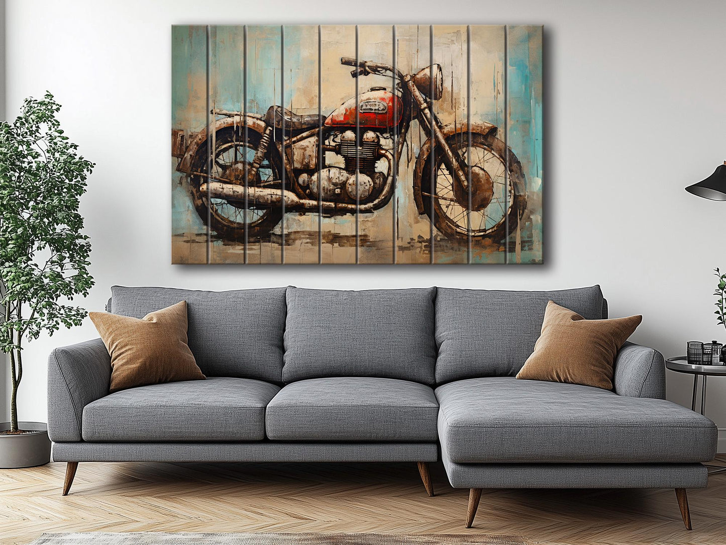 Abstract Rustic Painting of Vintage Motorbike Printed on Natural Wood