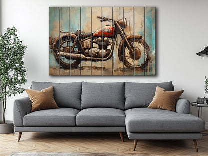 Abstract Rustic Painting of Vintage Motorbike Printed on Natural Wood