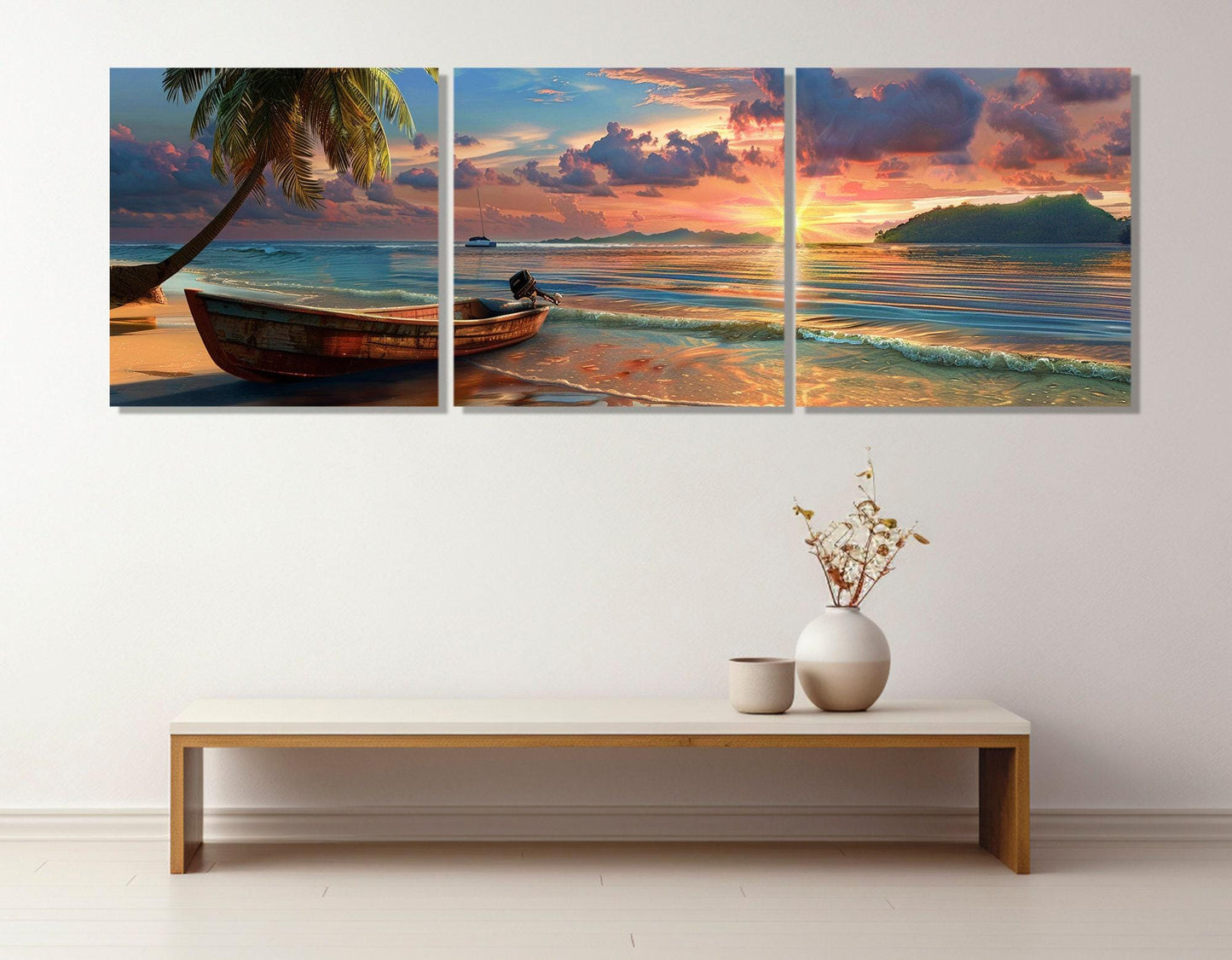 Beach Sunset Canvas Print – Vintage Boat Wall Art | Framed Canvas Art, Ready to Hang