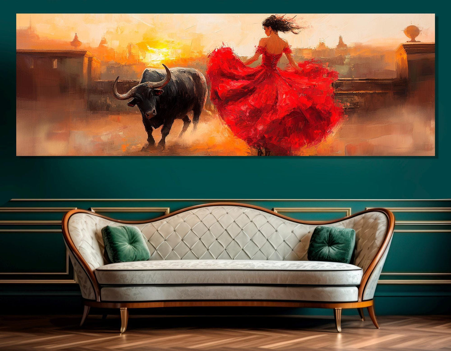 Corrida Painting Canvas – Lady in Red Dress Bullfight Wall Decor, Framed Art