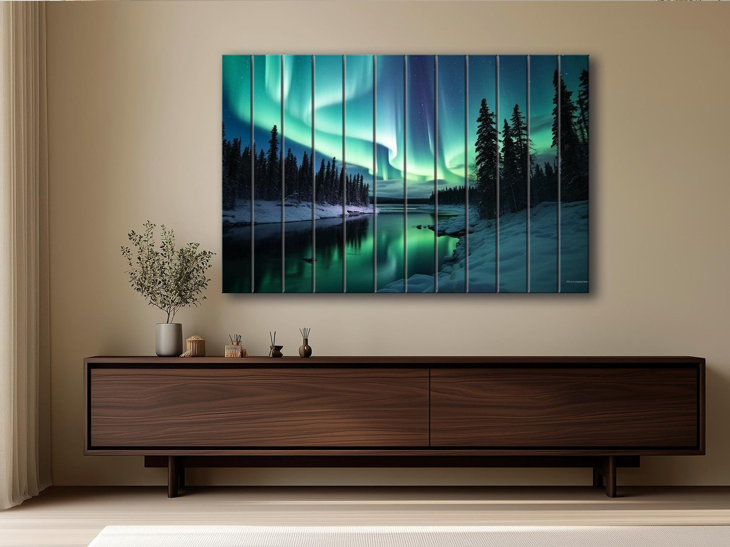 Northern Lights Wall Art – Wooden Wall Decor with Aurora Borealis Landscape