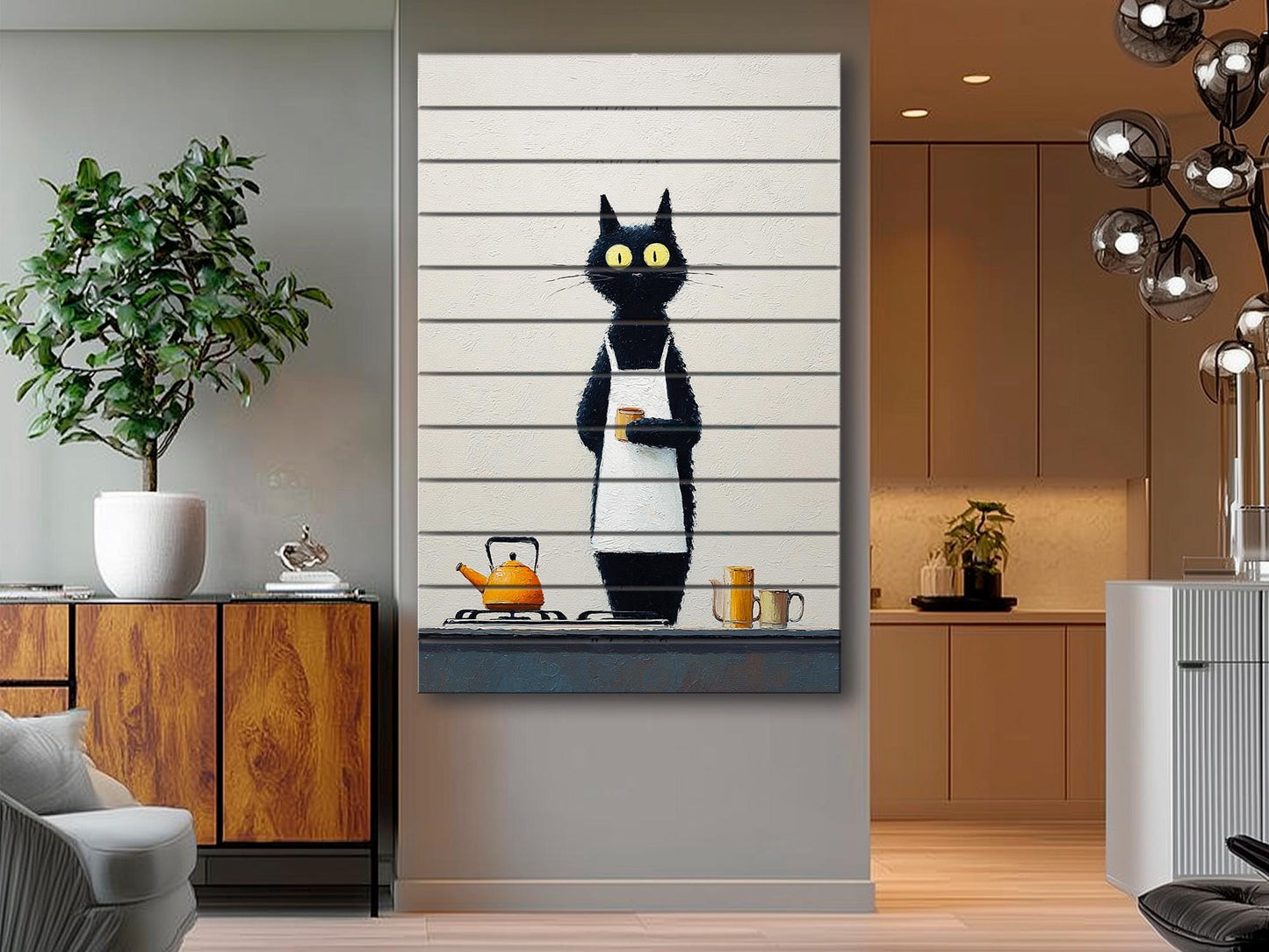 Black Cat Wall Art - Funny Cat Chef Poster | Minimalist Wood Print on Wood