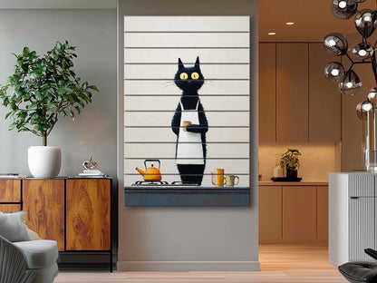 Black Cat Wall Art - Funny Cat Chef Poster | Minimalist Wood Print on Wood