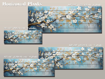 Abstract White Flowers Blossom Print On Natural Wood