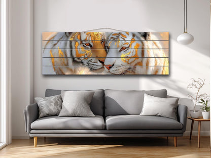 Majestic Tigers Print on Wood, Romantic Wildlife Painting, Exotic Wall Decor