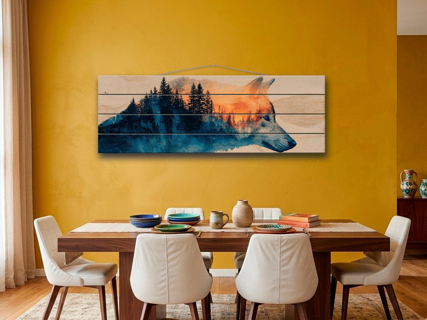 Wolf Silhouette with Forest Print on Wood, Rustic Wildlife Wall