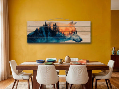Wolf Silhouette with Forest Print on Wood, Rustic Wildlife Wall