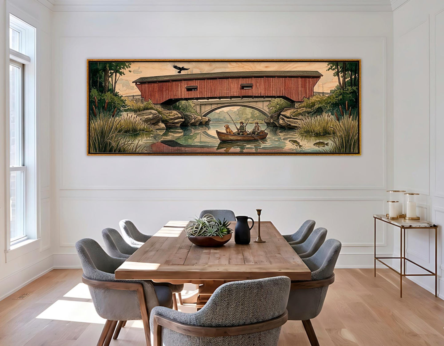 Narrows Bridge Canvas Print, Panoramic Covered Bridge Painting, Large River Wall Art, Framed and Ready to Hang