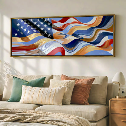 a large framed artwork of the American flag hanging on a wall above a beige couch with various throw pillows.