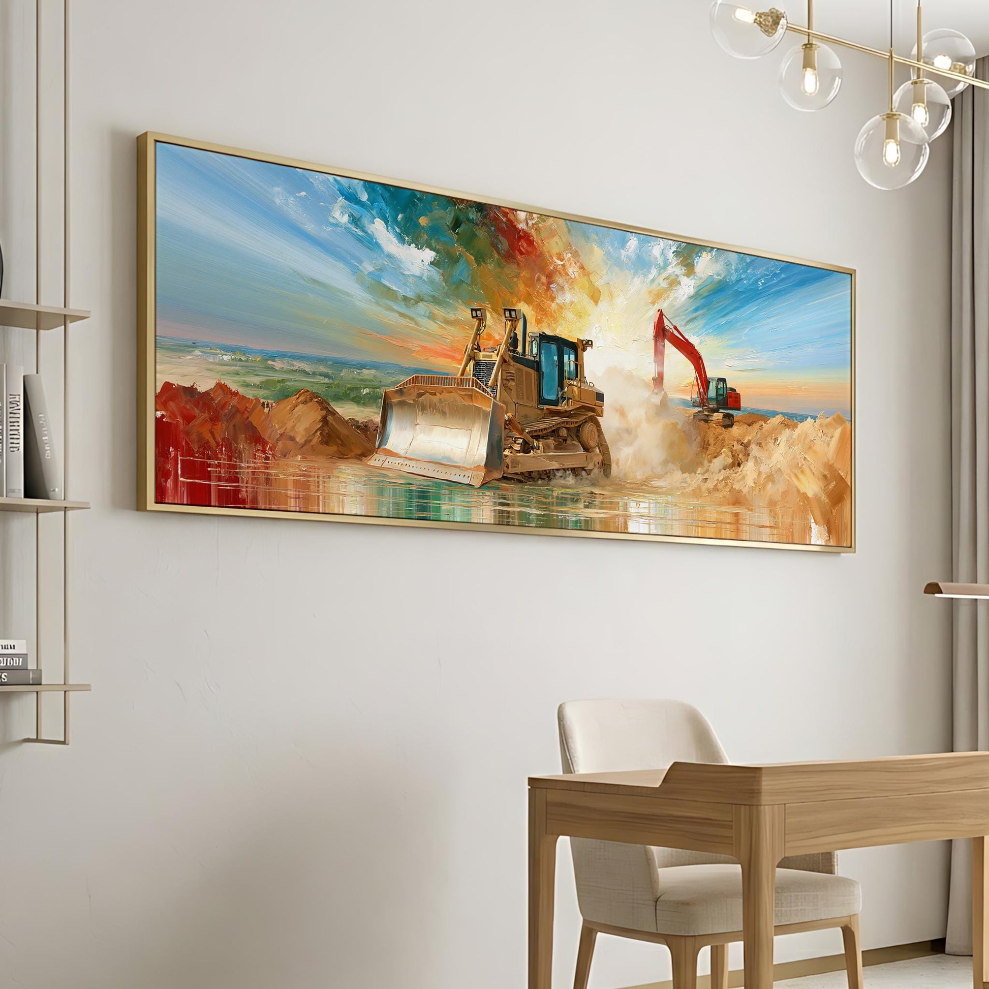 a large painting of a bulldozer on a construction site, with a person operating the machine. The painting is hung on a wall above a wooden desk and chair in a room.