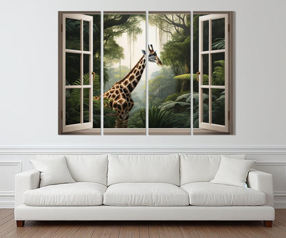 Jungle Window Canvas - African Wall Art Framed Canvas Print With Giraffe View