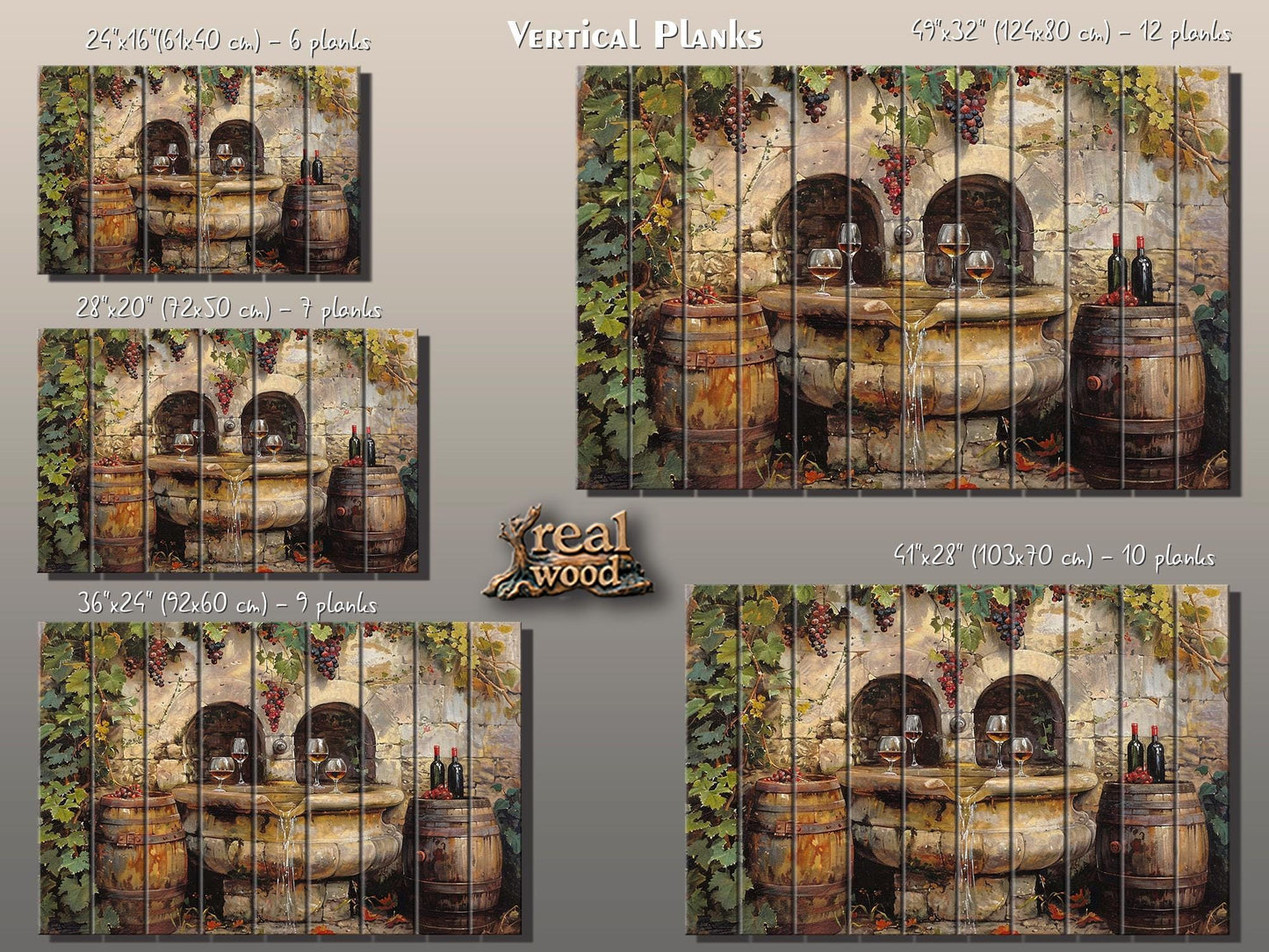 Rustic Wine Wall Art - Vintage Wine Barrels & Fountain Painting on Natural Wood