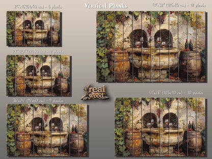 Rustic Wine Wall Art - Vintage Wine Barrels & Fountain Painting on Natural Wood