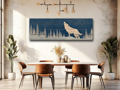 Wolf Silhouette in Snowy Forest Print on Natural Wood, Rustic Howling Wolf Wall Art