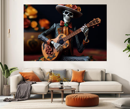 Skeleton Guitar Canvas – Framed Canvas Print | Day of the Dead Wall Art Decor