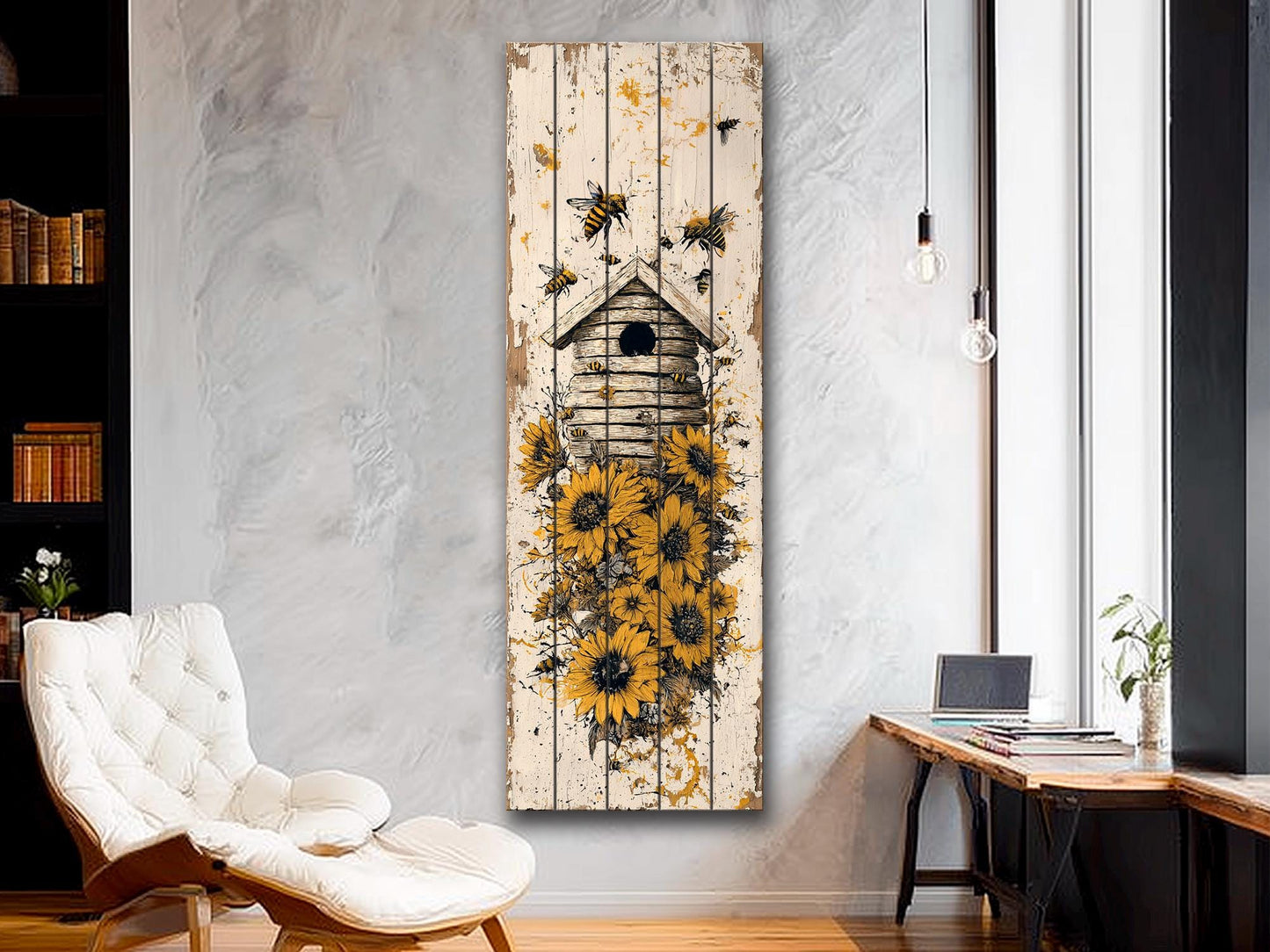 Rustic Wood Wall Art – Beehive Wood Print with Sunflower Floral Decor – Farmhouse Style