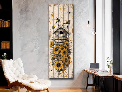 Rustic Wood Wall Art – Beehive Wood Print with Sunflower Floral Decor – Farmhouse Style