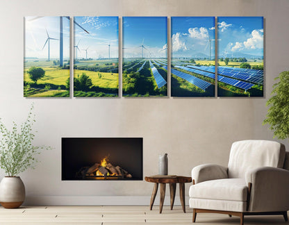 Renewable Energy Wall Art – Wind Turbine Canvas & Solar Panel Print on Gallery Wrapped Canvas