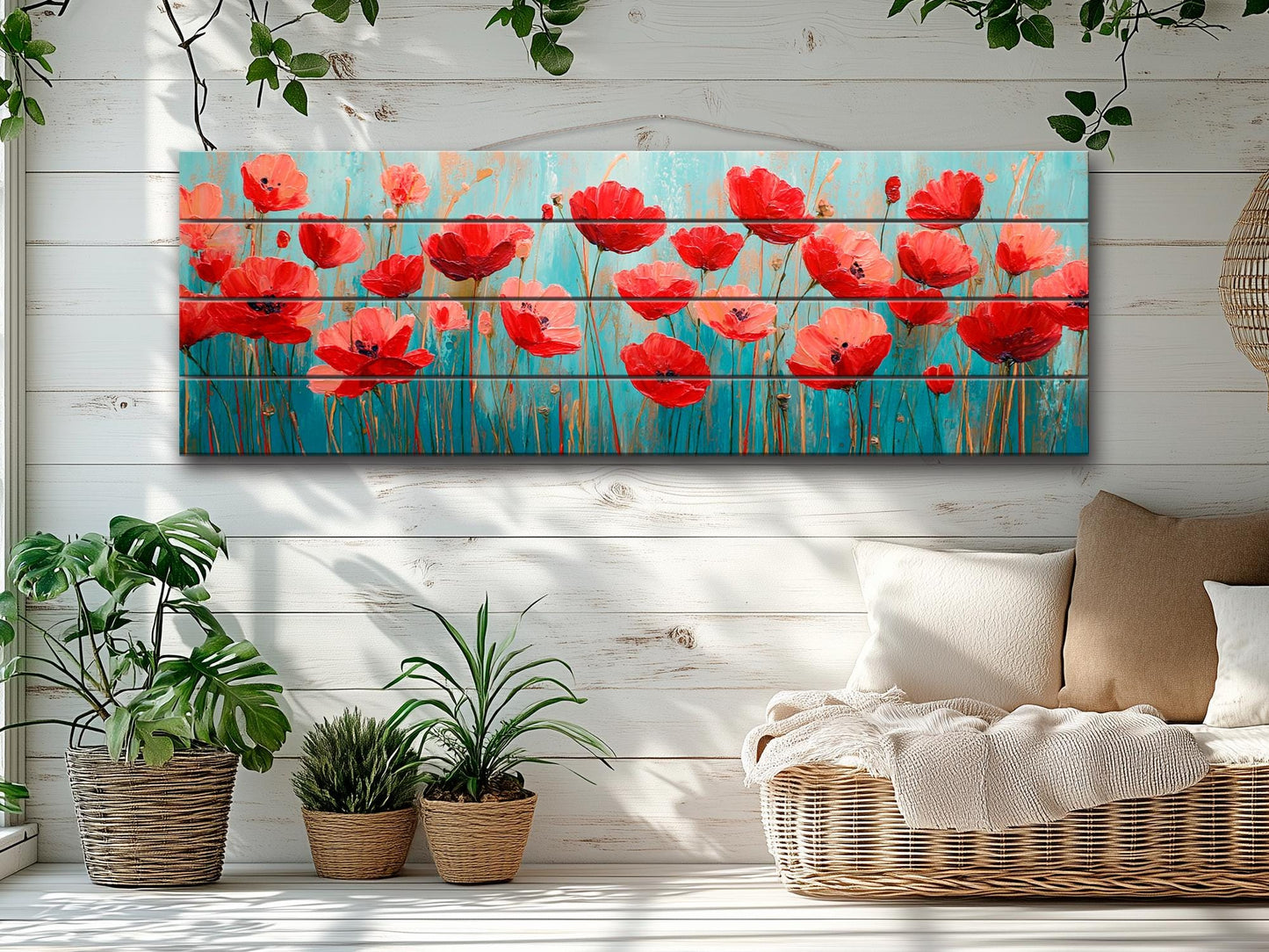 Floral Wood Wall Art – Field of Poppies Print on Natural Linden Wood Planks