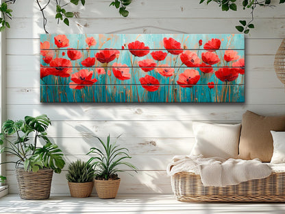 Floral Wood Wall Art – Field of Poppies Print on Natural Linden Wood Planks