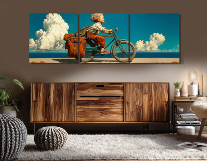 Retro Bike Wall Art - Boy Riding a Bike Print | Framed Canvas, Ready to Hang