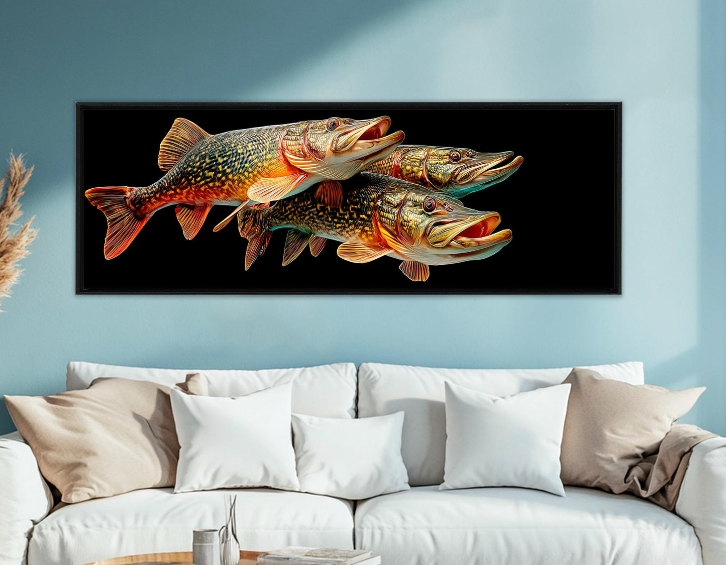 Pike Fish Canvas Print – Realistic Underwater Fish Chase on Stretched Frame
