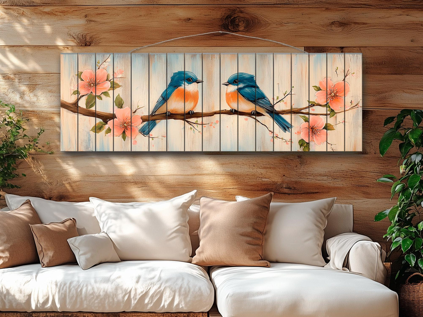 Wood Wall Art - Chubby Bluebirds on a Flowering Branch Print on Natural Wood, Birds Wall Art, Cozy Cabin Wall Decor, Rustic Bluebirds Print