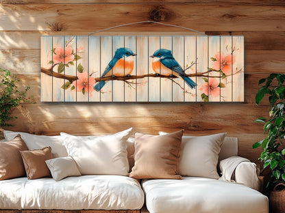 Wood Wall Art - Chubby Bluebirds on a Flowering Branch Print on Natural Wood, Birds Wall Art, Cozy Cabin Wall Decor, Rustic Bluebirds Print
