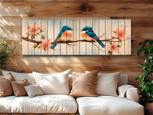 Wood Wall Art - Chubby Bluebirds on a Flowering Branch Print on Natural Wood, Birds Wall Art, Cozy Cabin Wall Decor, Rustic Bluebirds Print