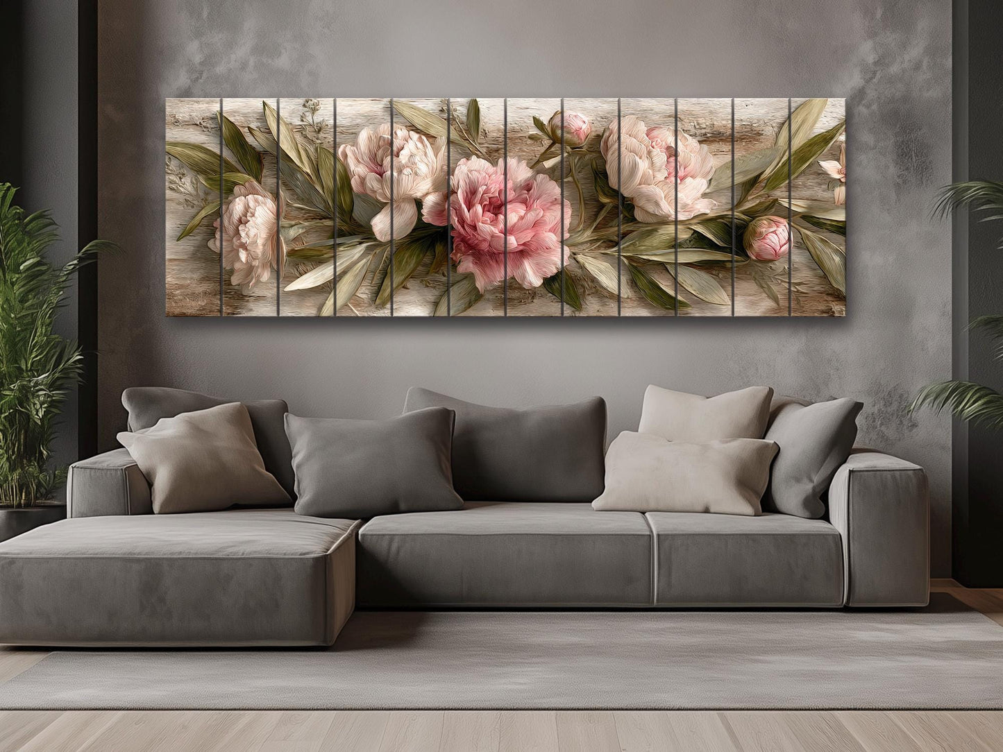 Peonies Print Wood - Beige Pink Floral Wall Art | Rustic Farmhouse Flower Print
