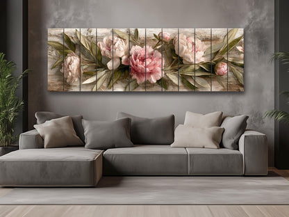 Peonies Print Wood - Beige Pink Floral Wall Art | Rustic Farmhouse Flower Print