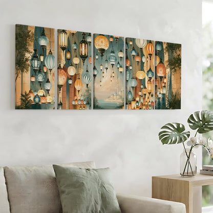 a large, colorful painting of hanging lanterns on a wall, creating a vibrant and lively atmosphere in the room.