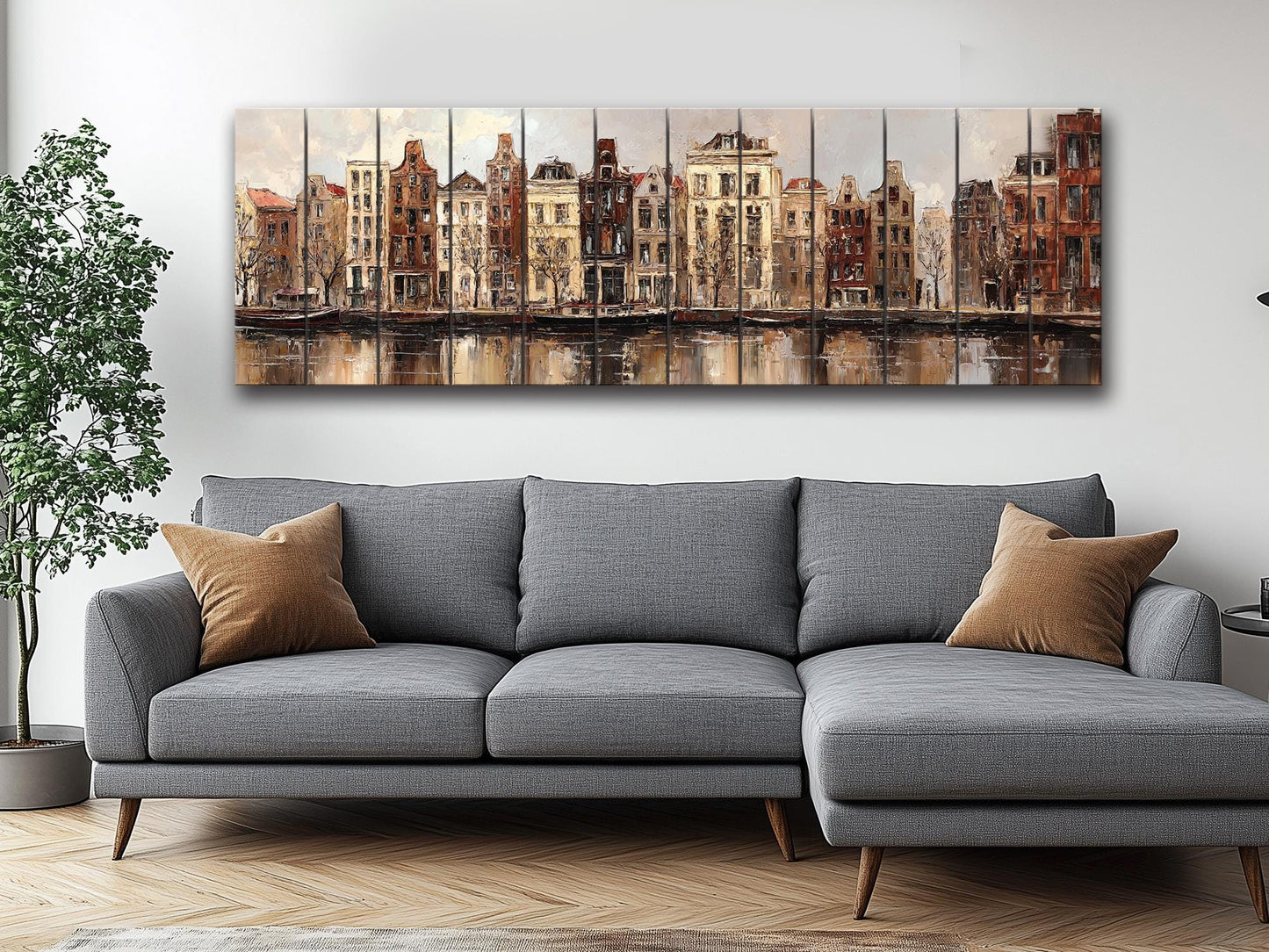 Amsterdam Canal Houses Print – Rustic Wood Art Beige Wall Decor on Distressed Wood