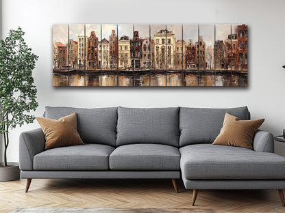Amsterdam Canal Houses Print – Rustic Wood Art Beige Wall Decor on Distressed Wood