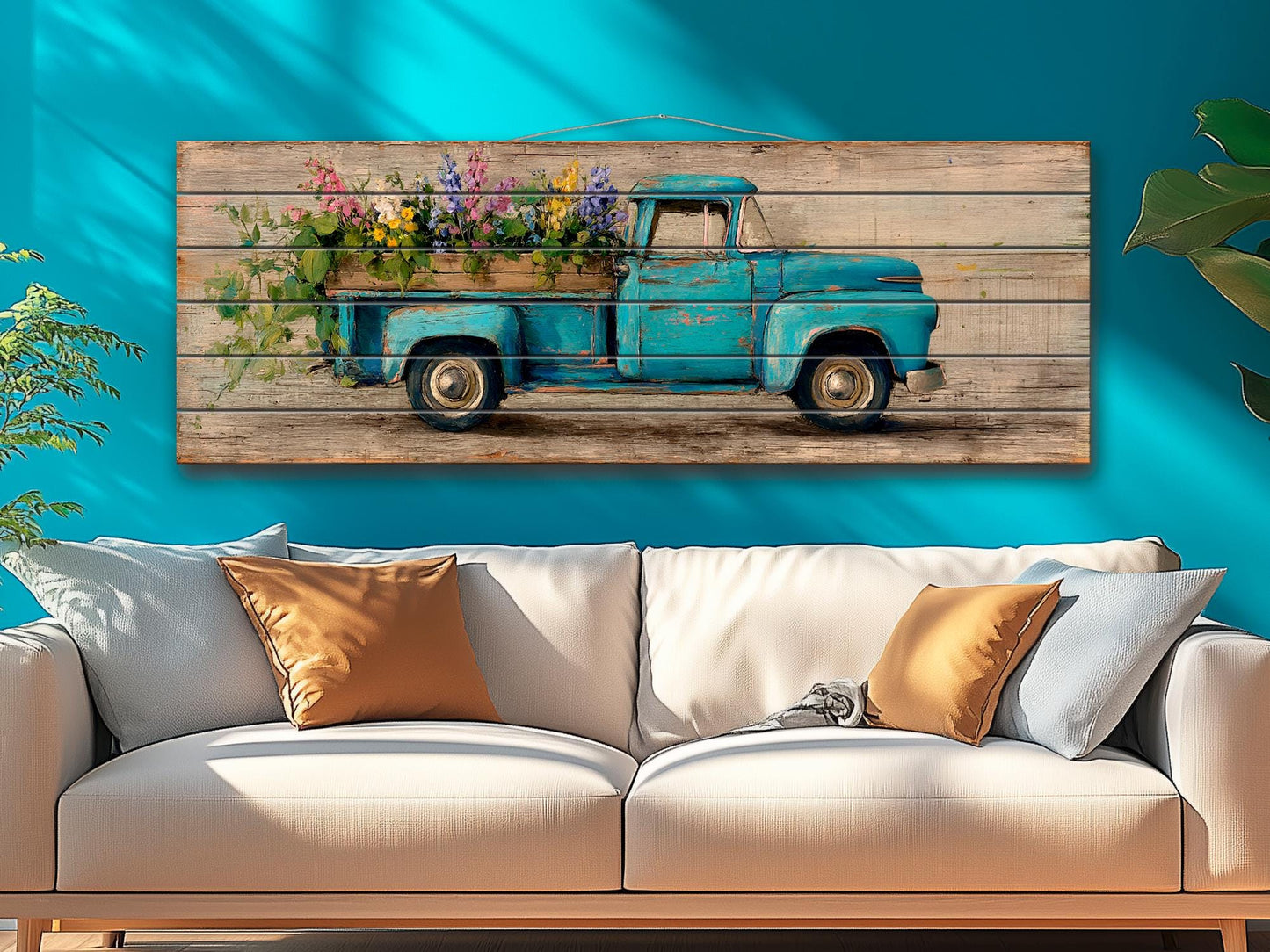Rustic Wood Wall Art – Vintage Truck Print with Blue Flowers on Wood
