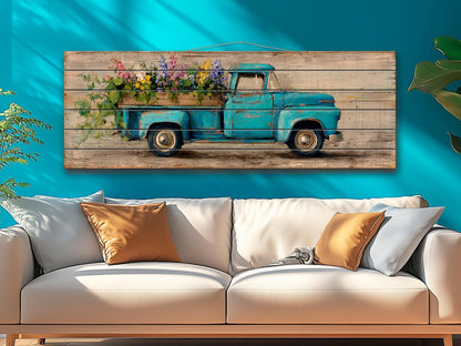 Rustic Wood Wall Art – Vintage Truck Print with Blue Flowers on Wood