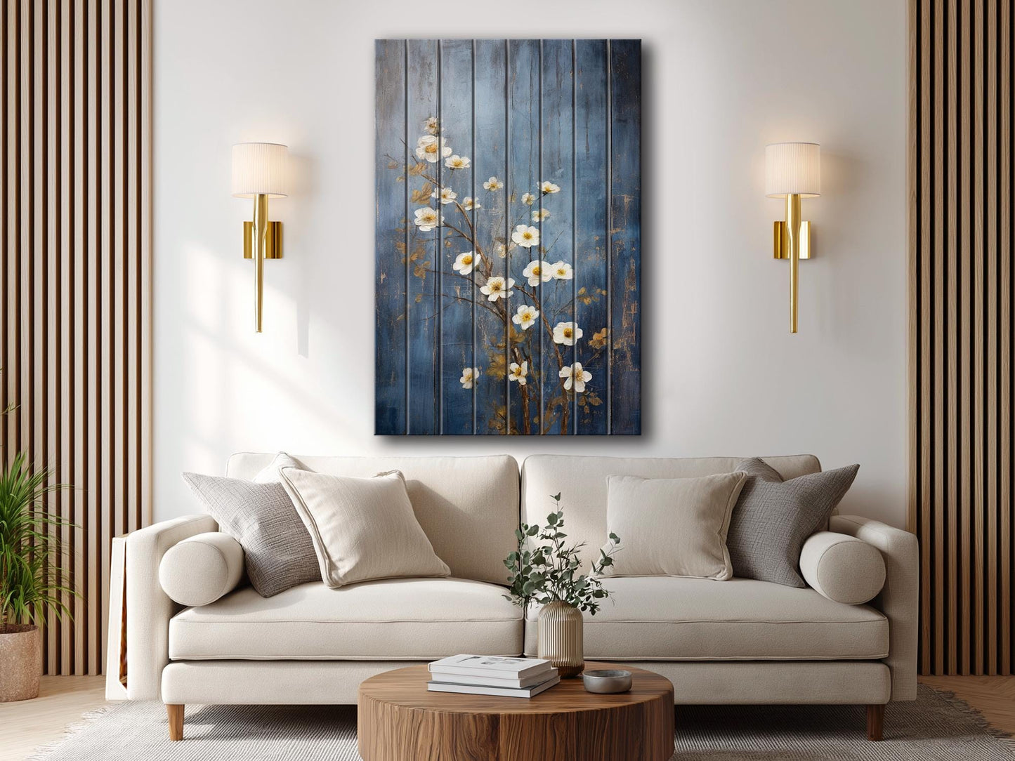 Rustic Floral Wall Art - White Blossoms Print on Natural Wood Plank Art