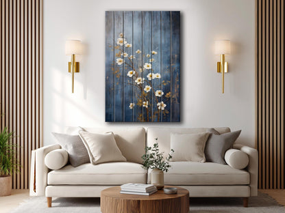 Rustic Floral Wall Art - White Blossoms Print on Natural Wood Plank Art