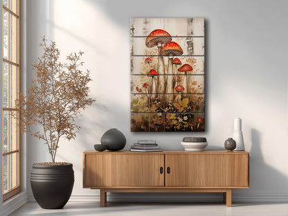 Rustic Wood Wall Art – Mushroom Garden Print on Natural Wood Planks
