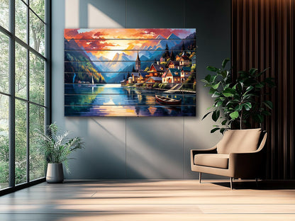 Wood Wall Art – Hallstatt Lake Print on Wood | Alpine Landscape Rustic Decor