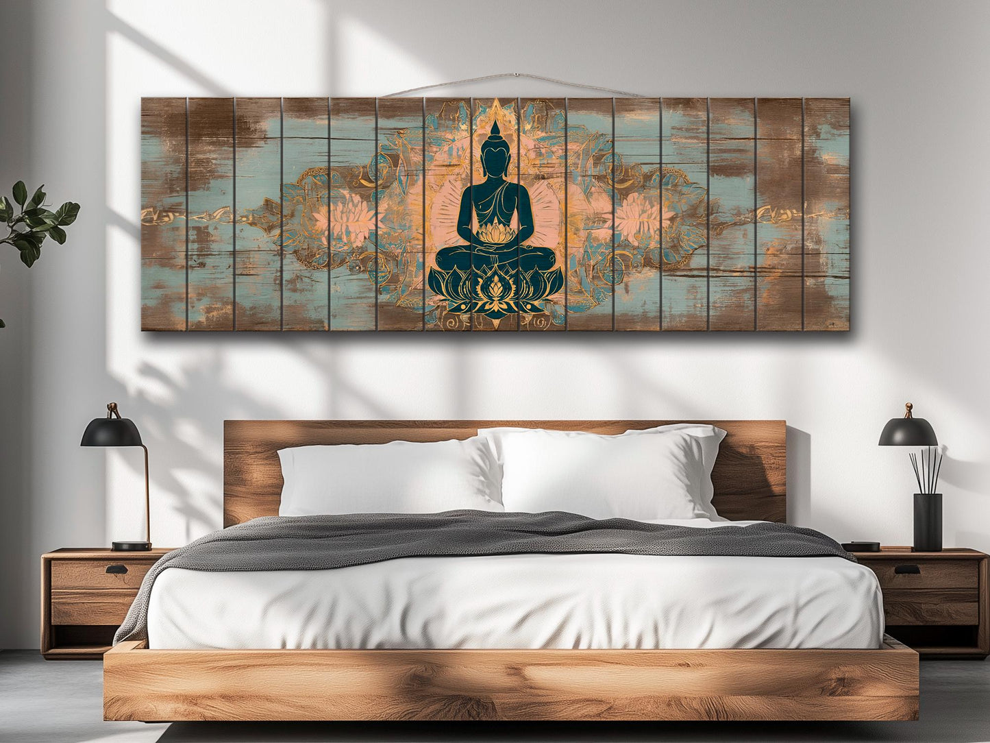 Wood Wall Art - Peaceful Buddha Print on Natural Wood, Buddhist Wall Art, Large Buddha Painting, Buddhist Gift, Rustic Buddhist Wall Decor