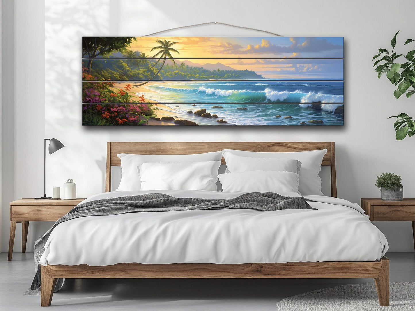 Beach Wood Wall Art – Tropical Beach Painting on Rustic Wood for Coastal Decor