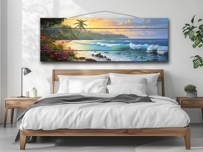 Beach Wood Wall Art – Tropical Beach Painting on Rustic Wood for Coastal Decor