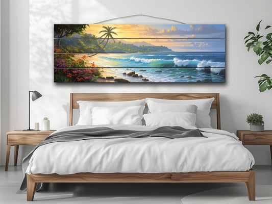 Beach Wood Wall Art – Tropical Beach Painting on Rustic Wood for Coastal Decor