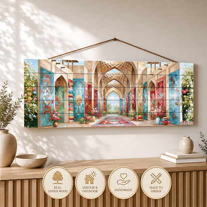 a large, colorful painting of an ornate hallway with arched doorways and windows, hanging on a wall above a wooden shelf with decorative items.